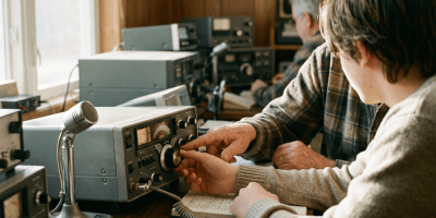 Instructor guiding student while operating vintage radio equipment