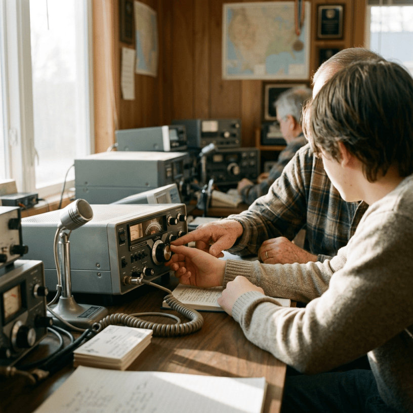 Instructor guiding student while operating vintage radio equipment